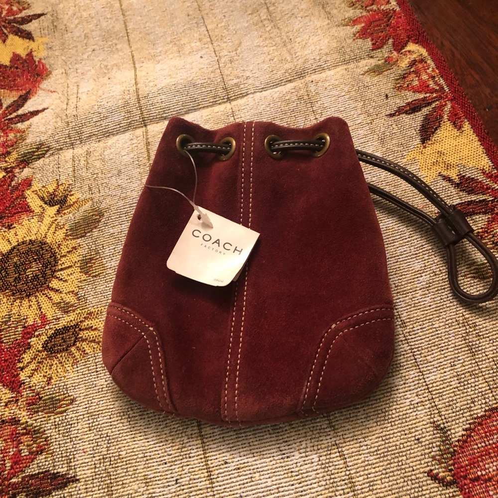 Baby suede Coach drawstring wristlet.